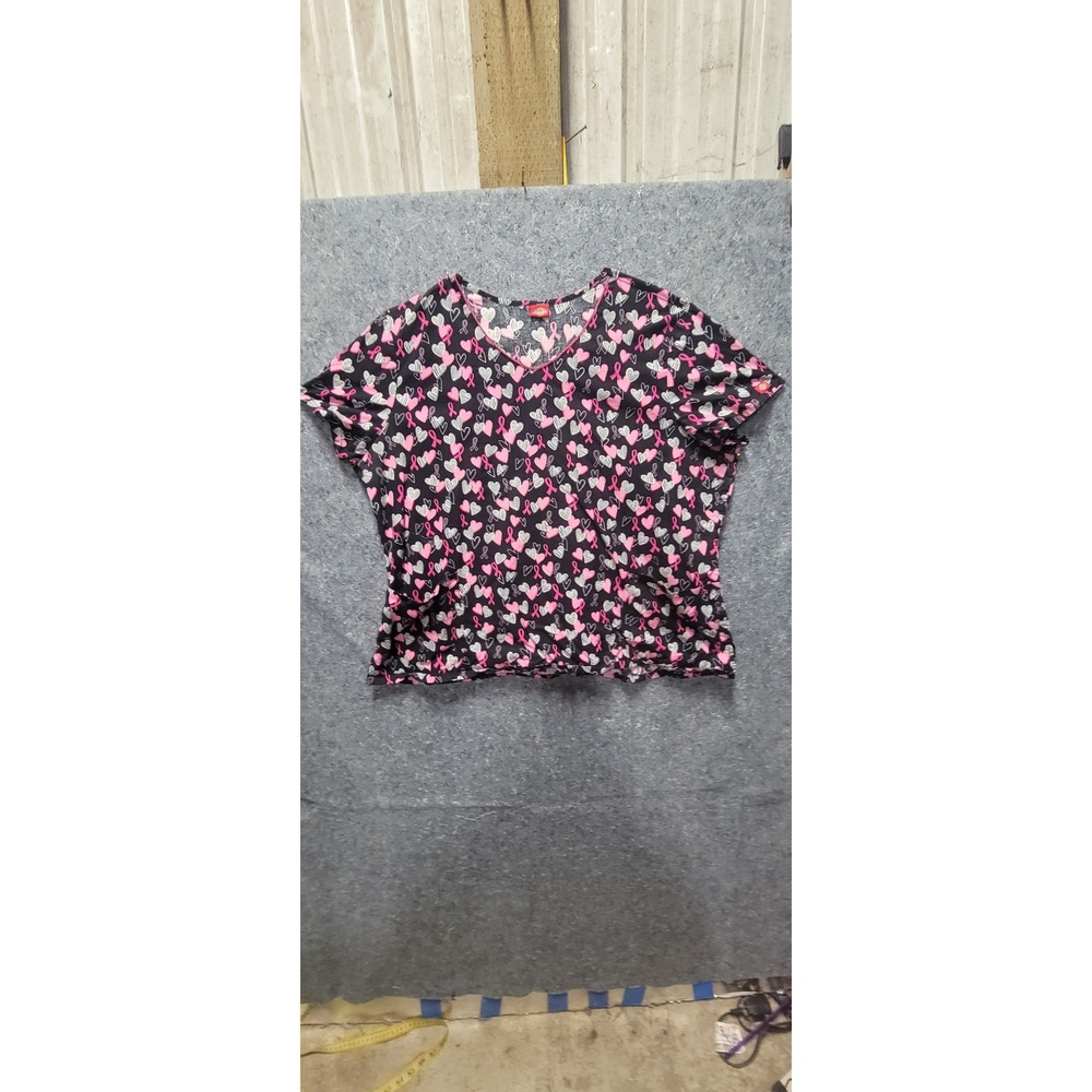 Dickies Women's/ Unisex Black Scrub Top With Pink Ribbon & White Heart Accents